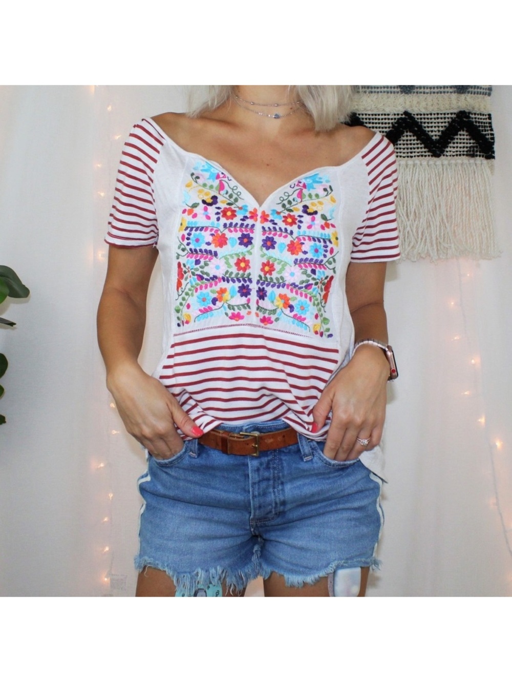 Anthropologie TINY Embroider Boho Striped Top XS